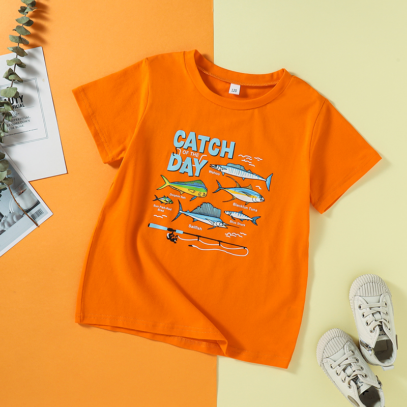 橙色小鱼印花短袖T恤上衣